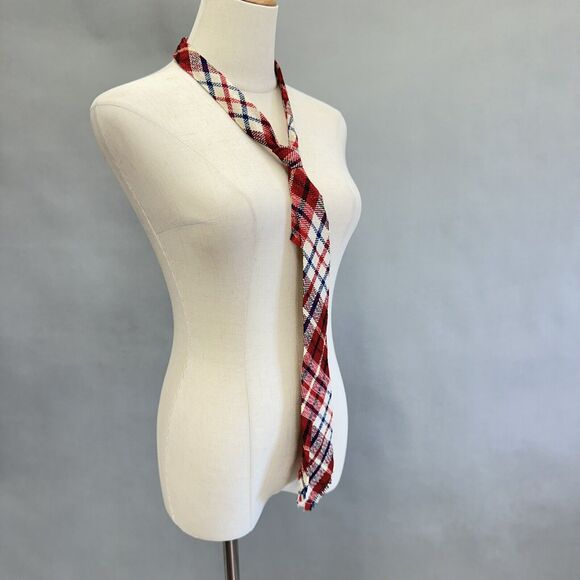 Vintage Wool Red Blue And Ivory Tartan Plaid Necktie Unisex Raw Hem - Picture 5 of 10